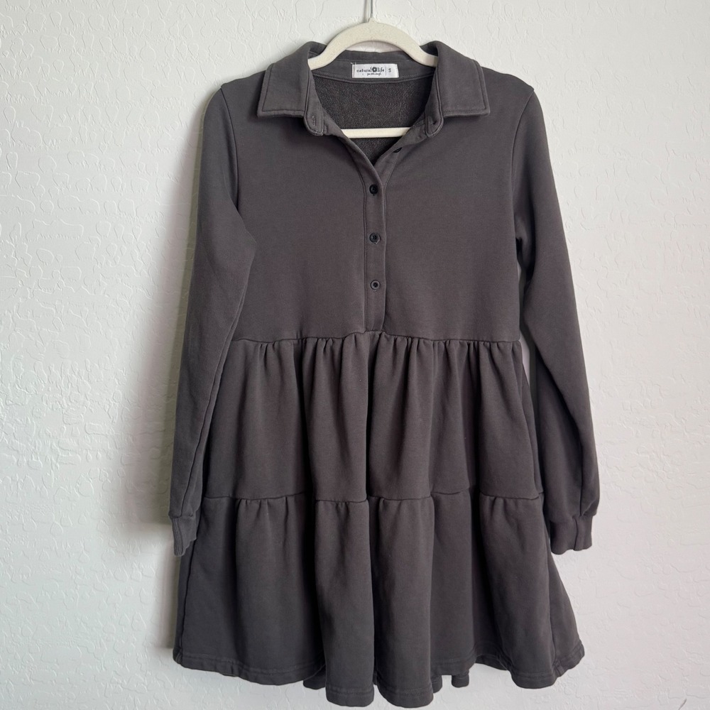 Natural Life Grey Long Sleeve Tiered Sweatshirt Mini Dress Collared Sz S Pockets